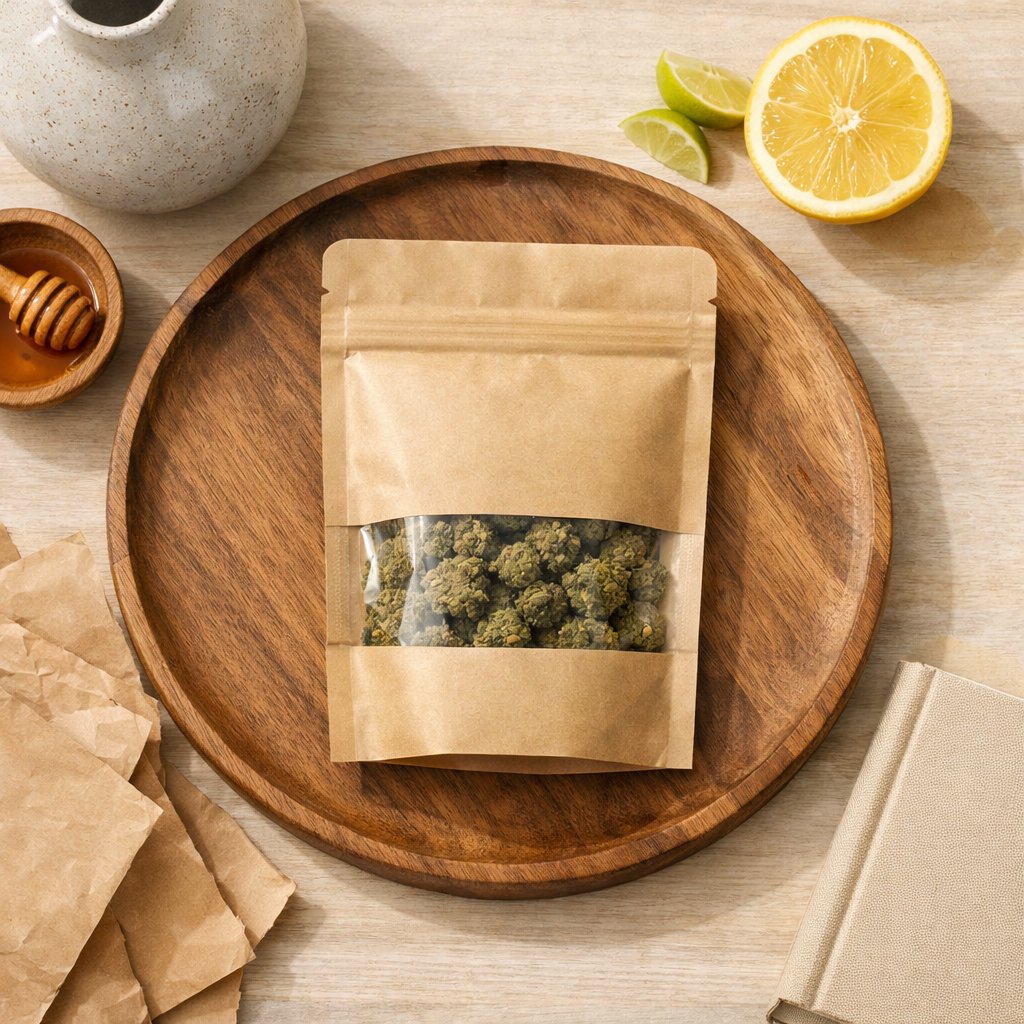 Mise en scène zénithale de Sour Diesel CBD en petit format avec accessoires naturels