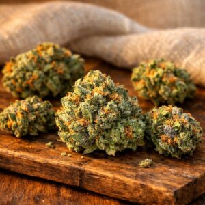 Fleurs de CBD séchées premium posées sur bois naturel