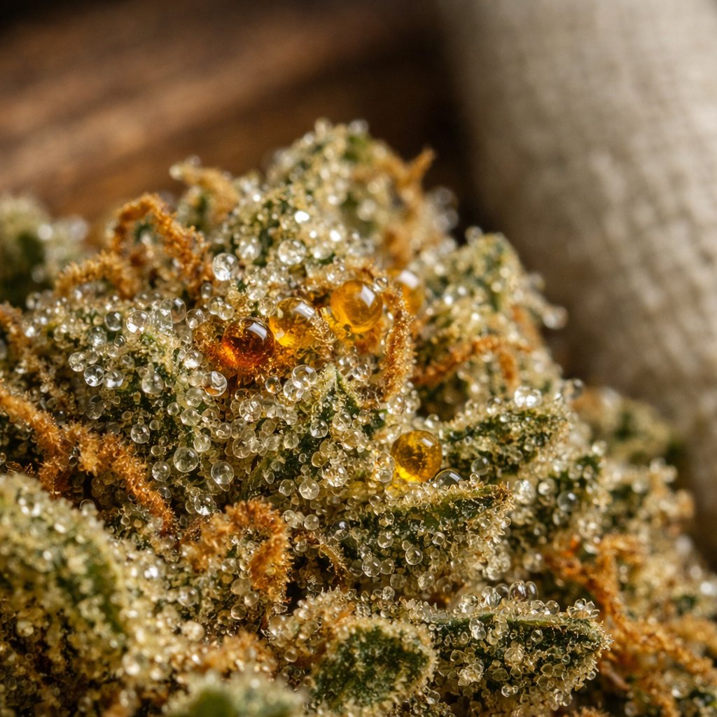 Gros plan macro sur trichomes et résine de fleur CBD
