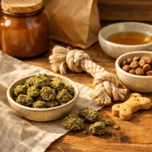 Fleur de CBD sèche posée sur bois avec accessoires neutres pour animaux