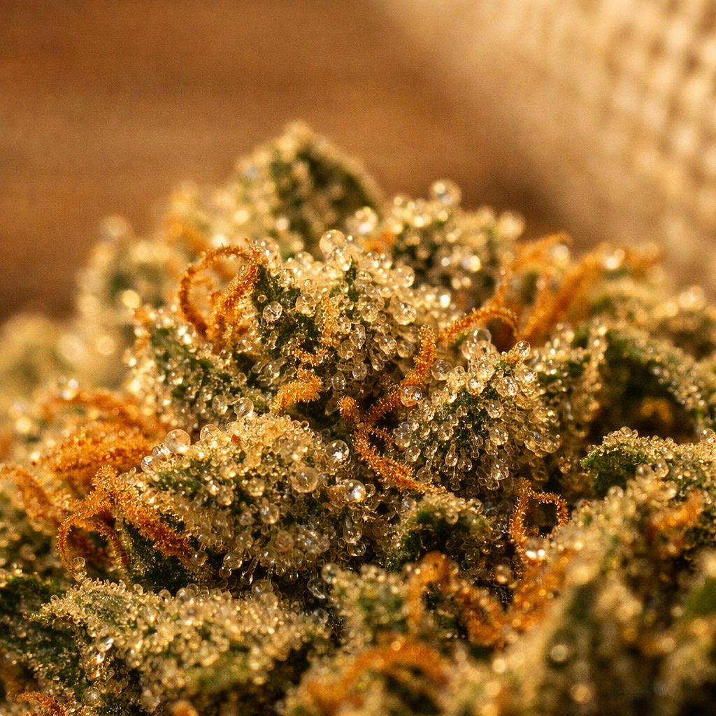 Détail macro des trichomes et résine sur fleur CBD