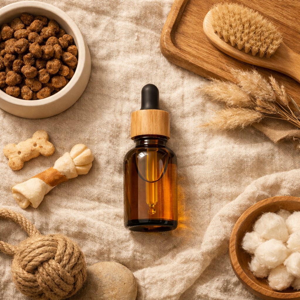 Vue zenithale d’un flacon d’huile CBD avec accessoires neutres animaux