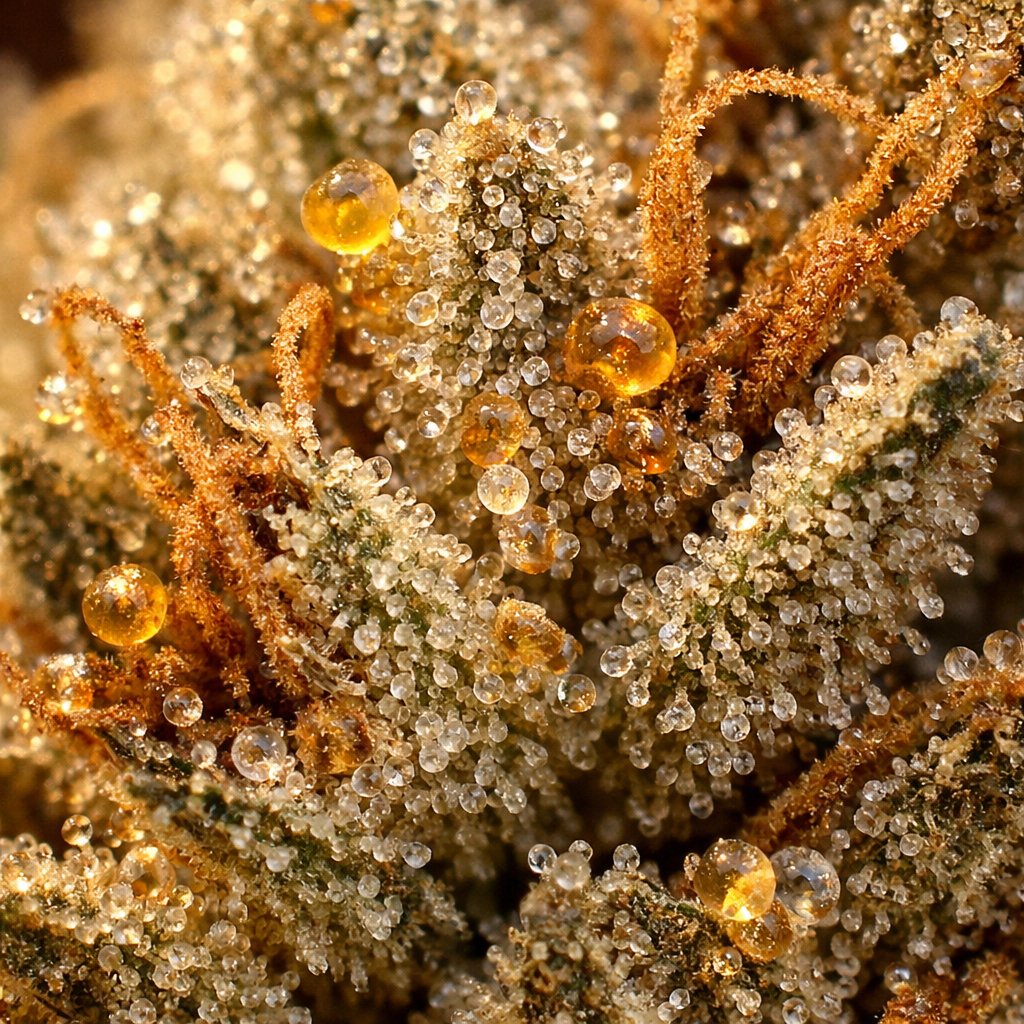 Macro trichomes et résine cristalline sur fleur de chanvre légal séchée