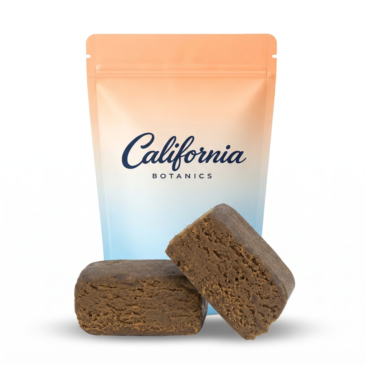 Full melt hash CBD California Botanics resina ámbar oscura textura seca compacta marca californiana perfil resinoso intenso variedad premium