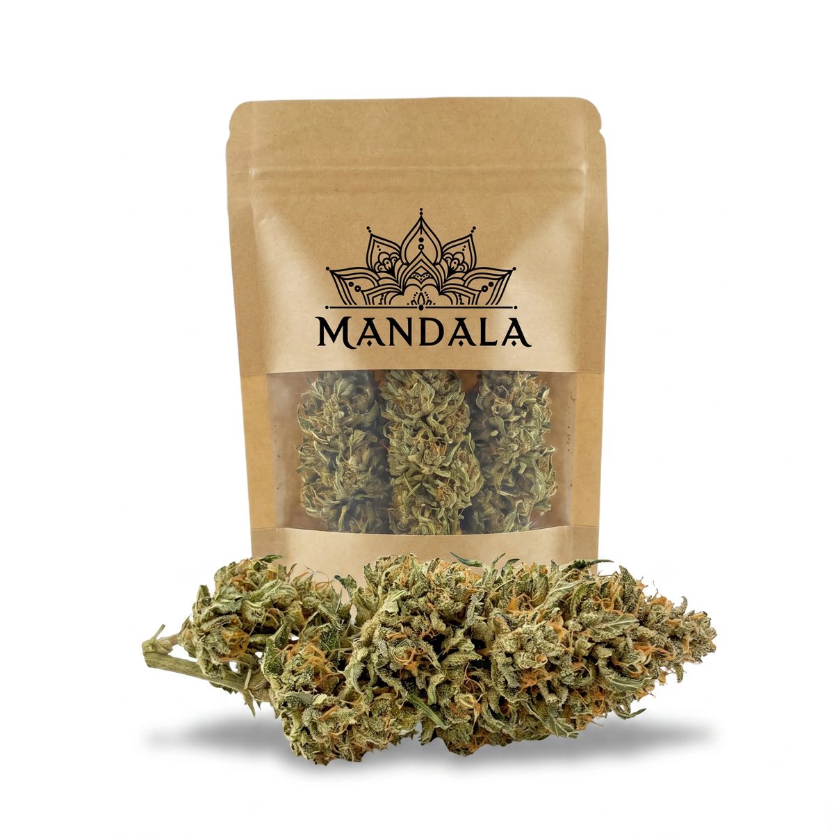 Cogollo Tantra CBD outdoor Mandala 10g, tonos verdes con matices ámbar y textura compacta natural del cáñamo certificado
