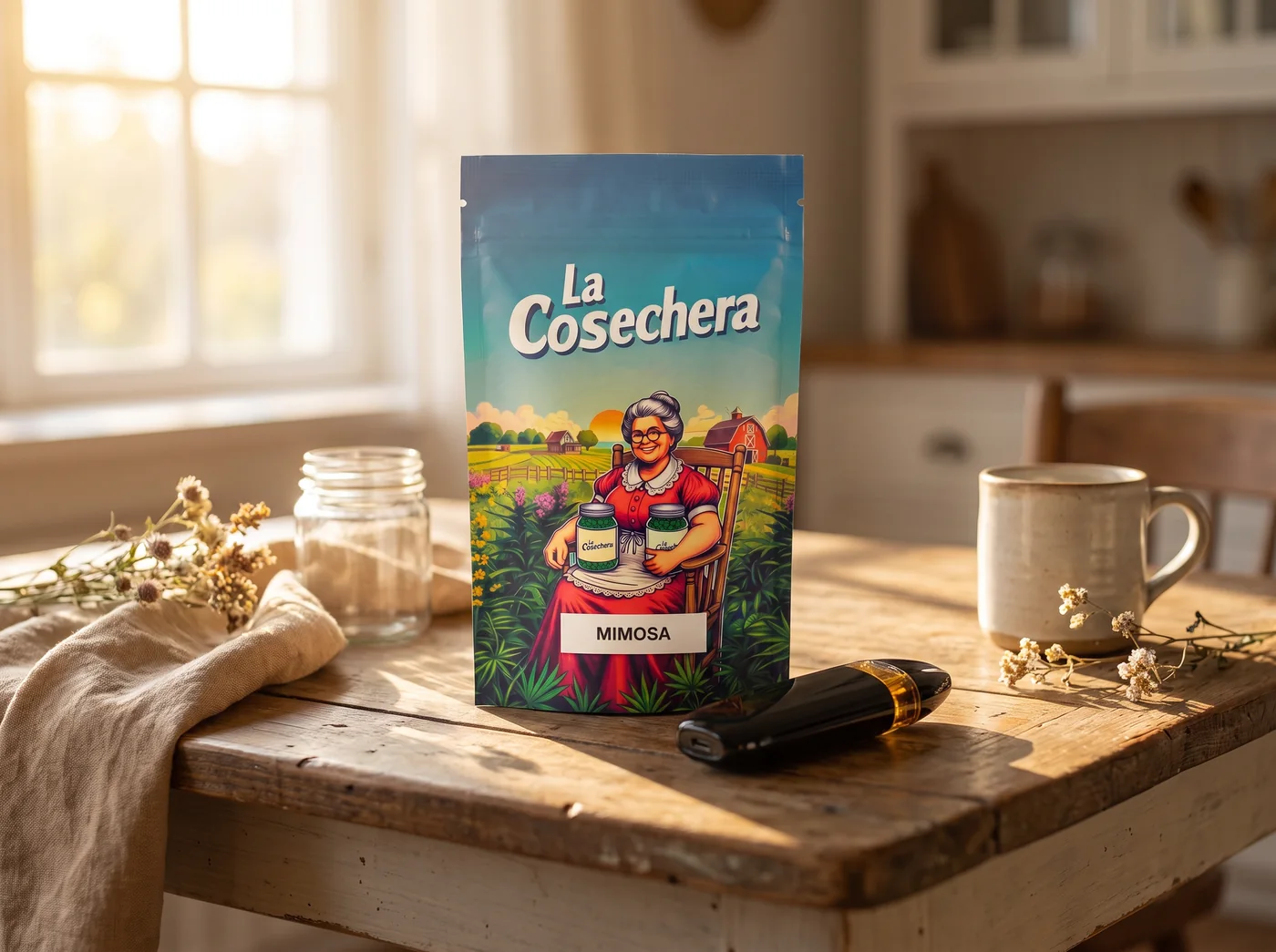 Vape CBD Mimosa La Cosechera 1 ml en mesa de campo