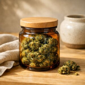 Bocal en verre contenant des fleurs CBD séchées sur une surface en bois clair avec des éléments neutres