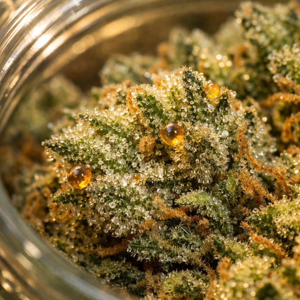 Macro des trichomes résineux sur des têtes de fleurs CBD dans un bocal en verre