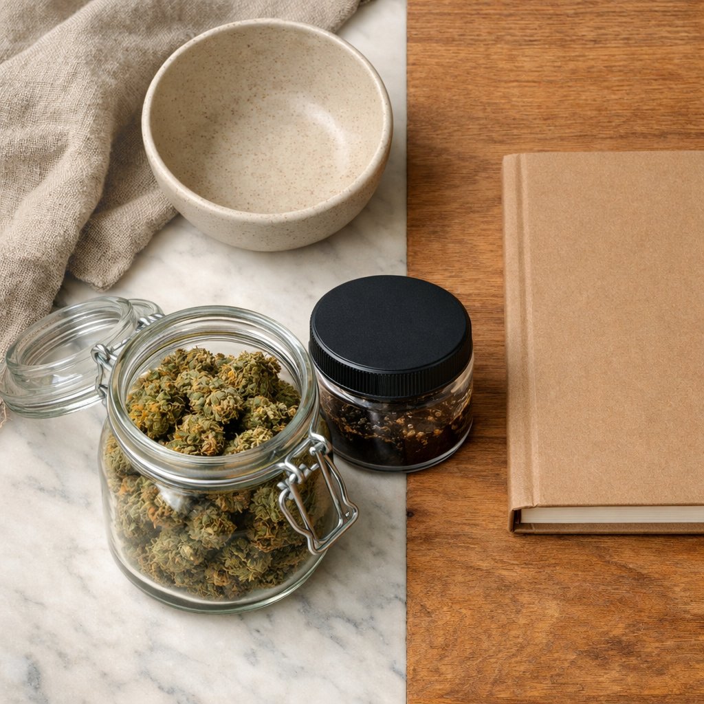 Composition flat-lay avec un bocal verre de fleurs CBD et un pot plastique de résine CBD