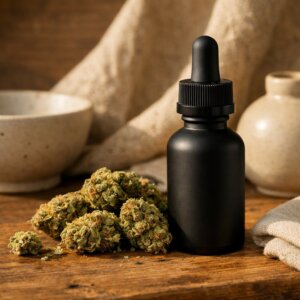 Composition éditoriale statique de fleur CBD séchée et flacon d'huile pour chiens sur bois