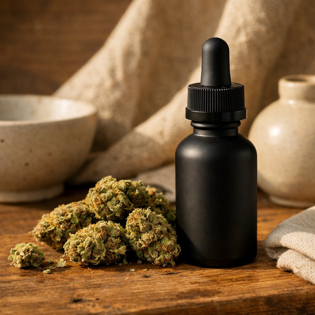 Composition éditoriale statique de fleur CBD séchée et flacon d'huile pour chiens sur bois