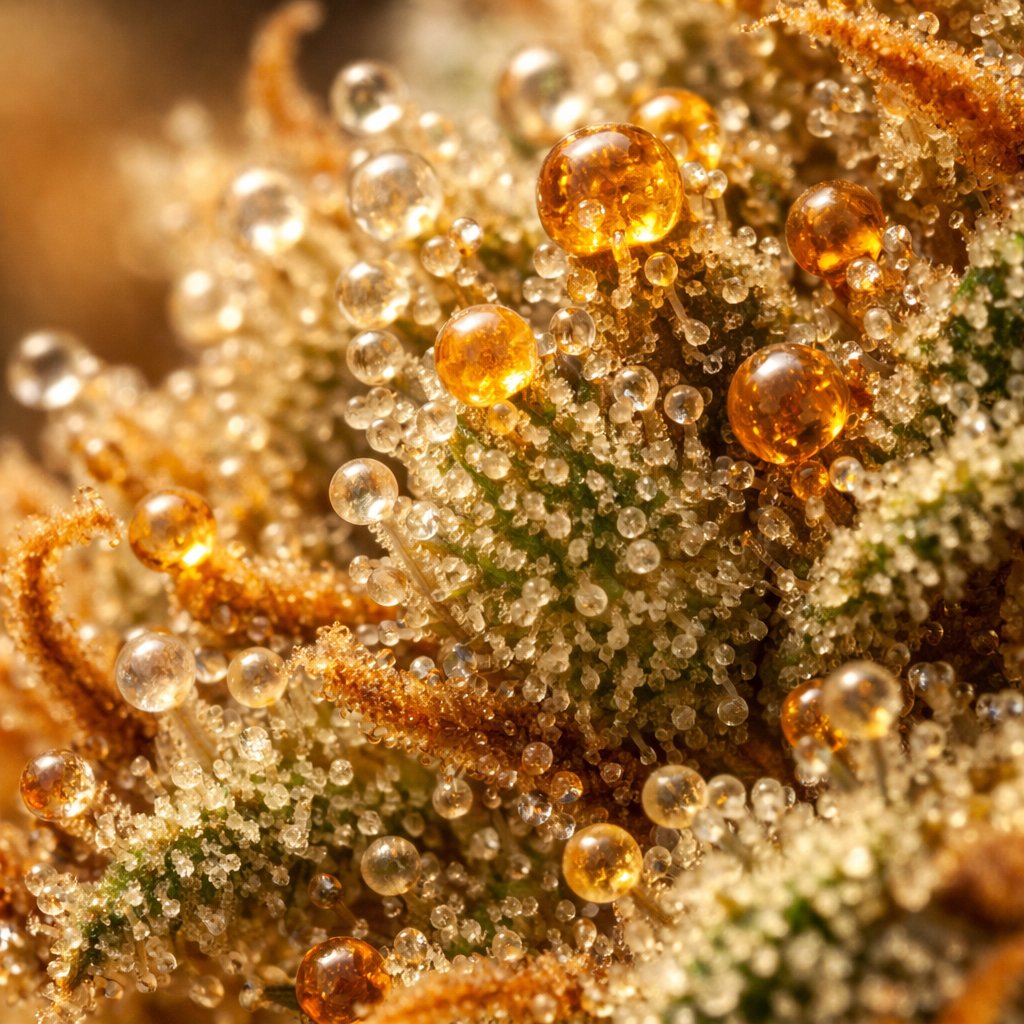 Détail macro des trichomes résineux d'une fleur CBD