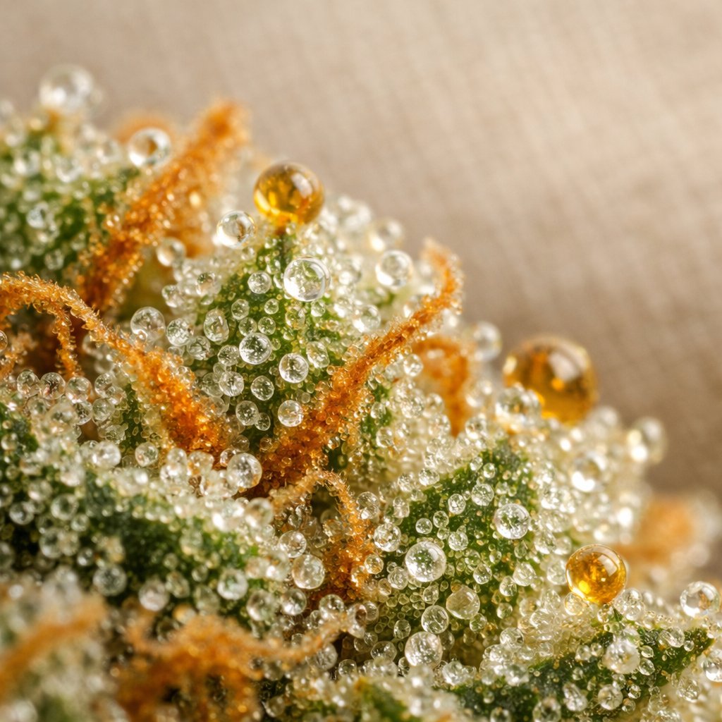 Détail macro des trichomes et résine sur fleur de CBD