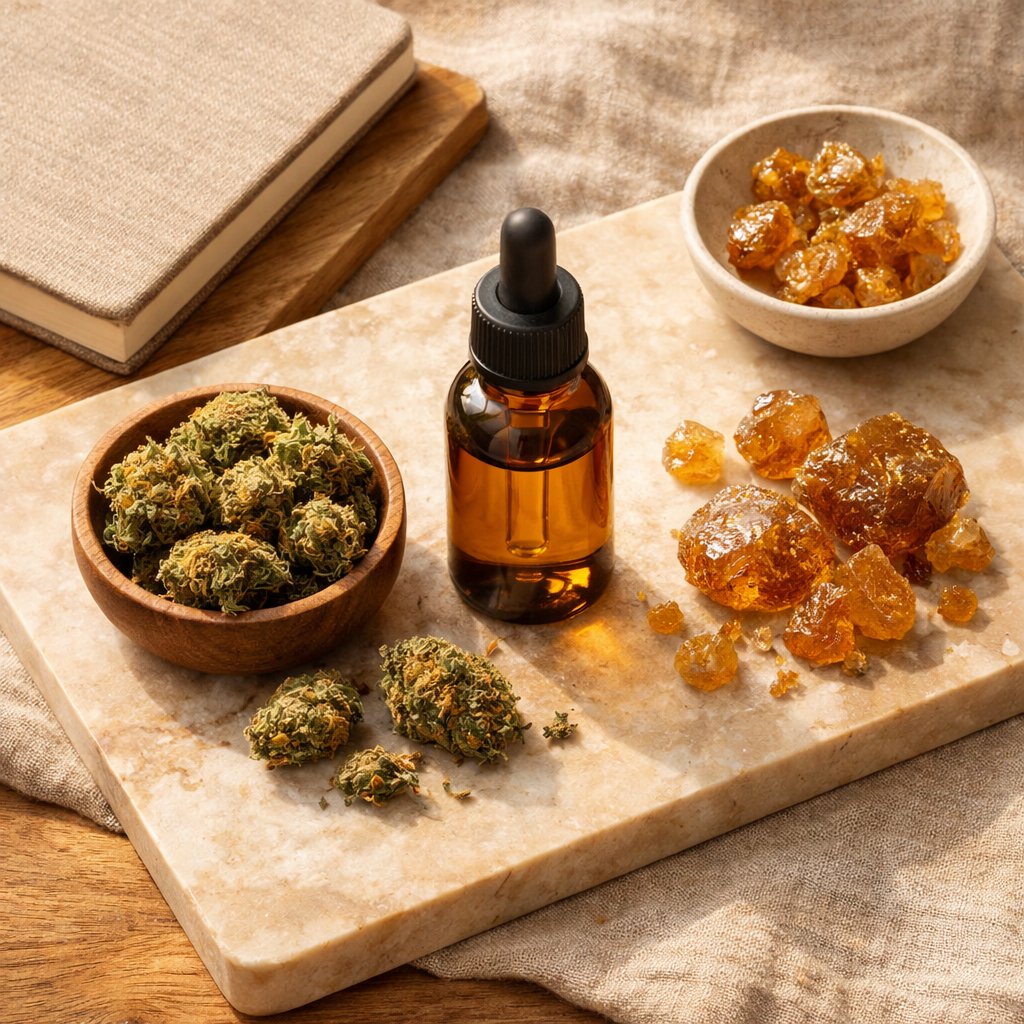 Flat-lay de produits CBD avec fleurs, résine et huile sur marbre