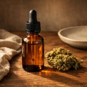 Bouteille d’huile CBD et fleur de chanvre séchée sur surface en bois naturel