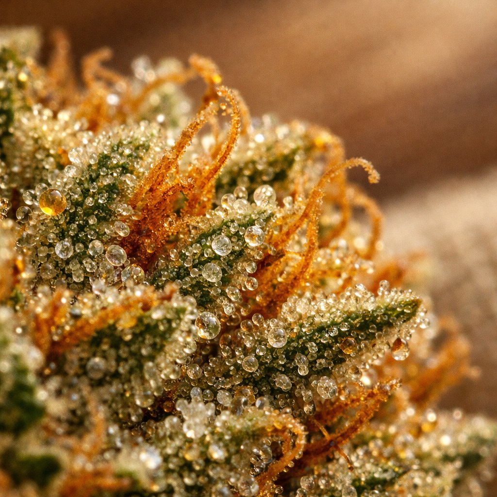 Détail macro des trichomes et résine d’une fleur de chanvre