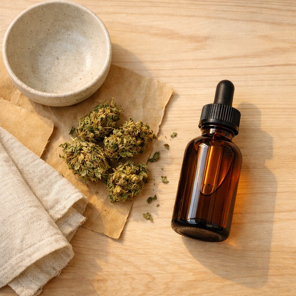 Vue zénithale d’une bouteille d’huile CBD et fleurs de chanvre sur table en bois clair