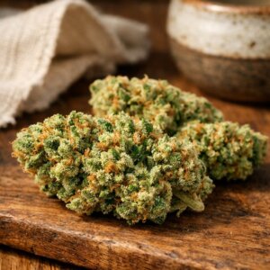 Fleurs de Critical Plus CBD denses avec résine sur surface boisée