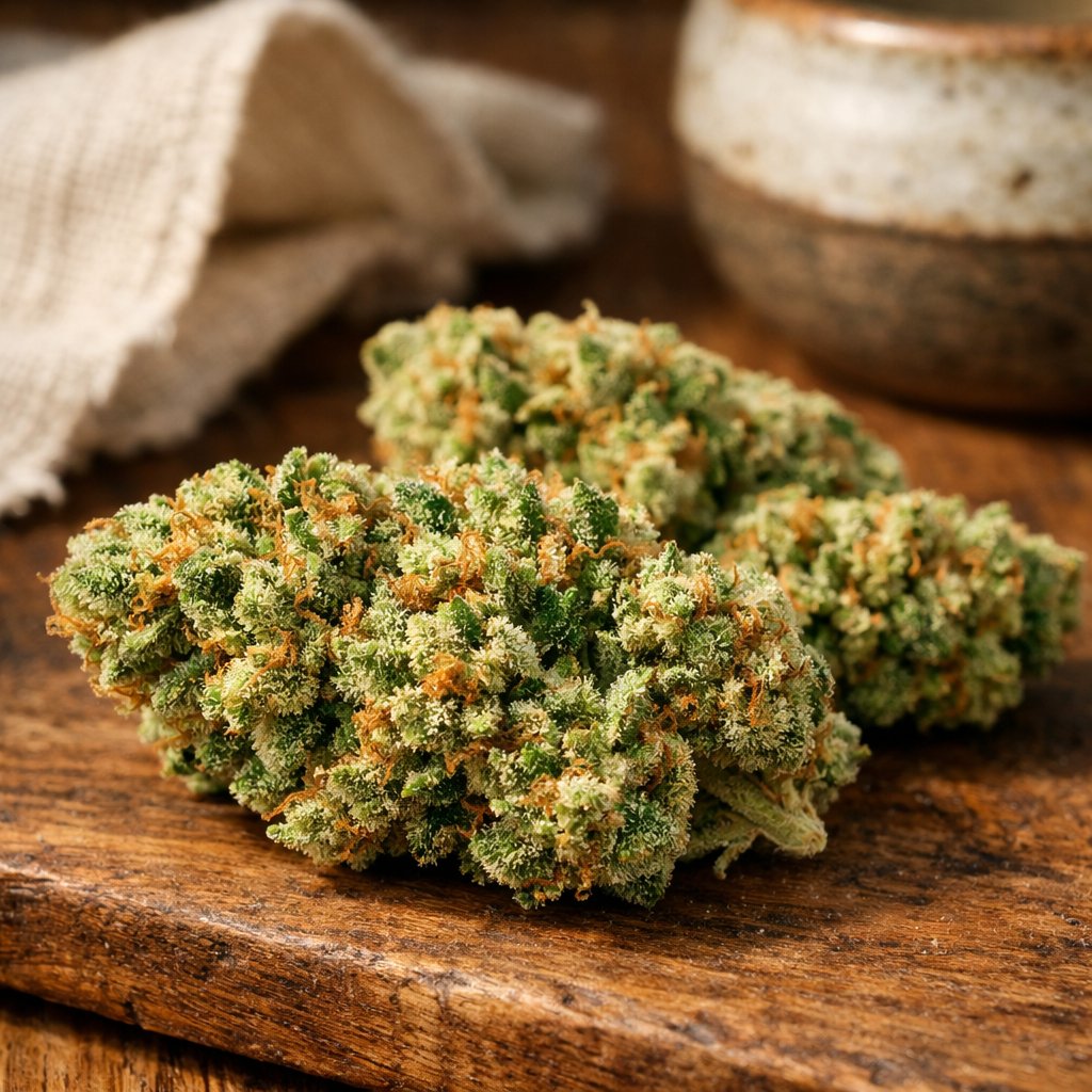 Fleurs de Critical Plus CBD denses avec résine sur surface boisée