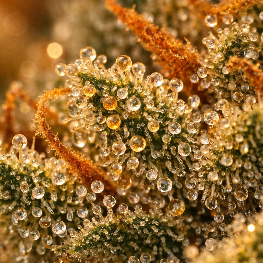Glandes de résine cristalines sur fleur Critical Plus CBD en macro