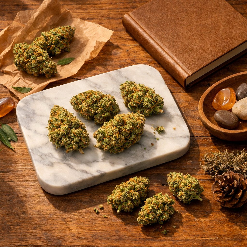 Composition flat-lay avec fleurs Critical Plus CBD et accessoires naturels