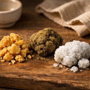 Trois concentrés CBD : crumble friable, moon rock complexe, ice rock cristallin sur bois naturel