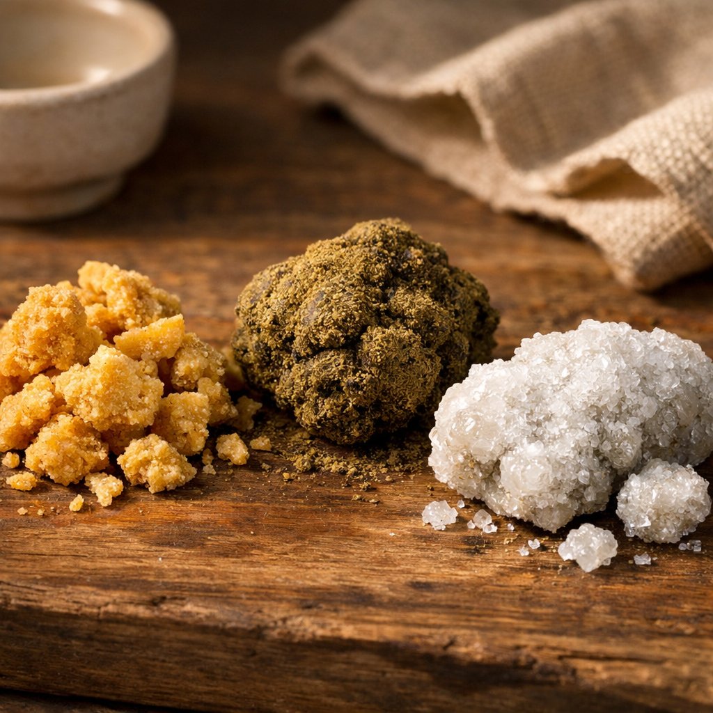 Trois concentrés CBD : crumble friable, moon rock complexe, ice rock cristallin sur bois naturel
