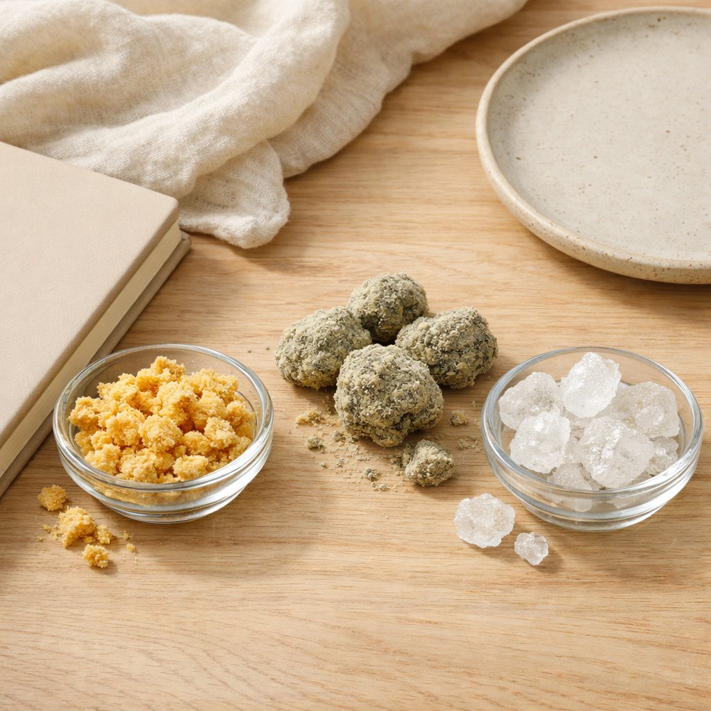 Bodegón zenithal de concentrés crumble, moon rock et ice rock avec accessoires neutres