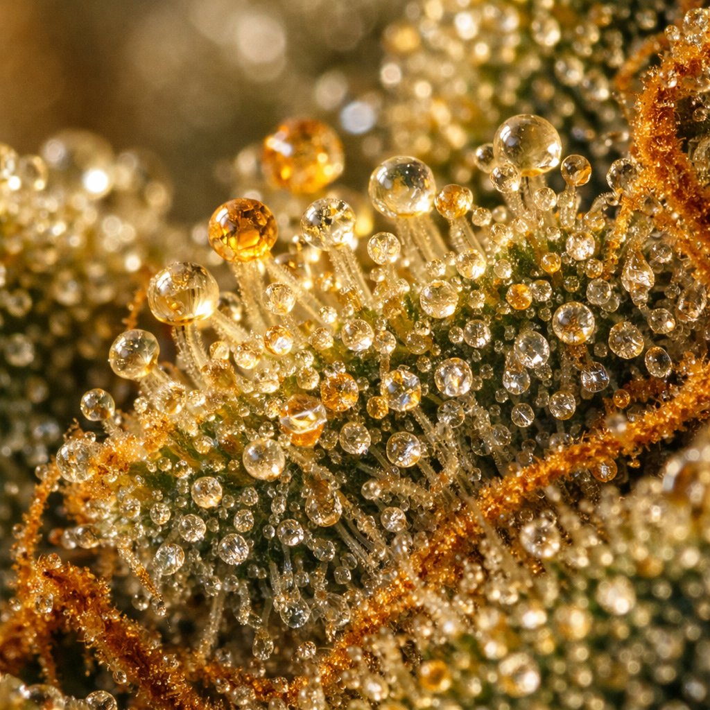 Macro extrême sur trichomes cristallins et résine DosiDos CBD