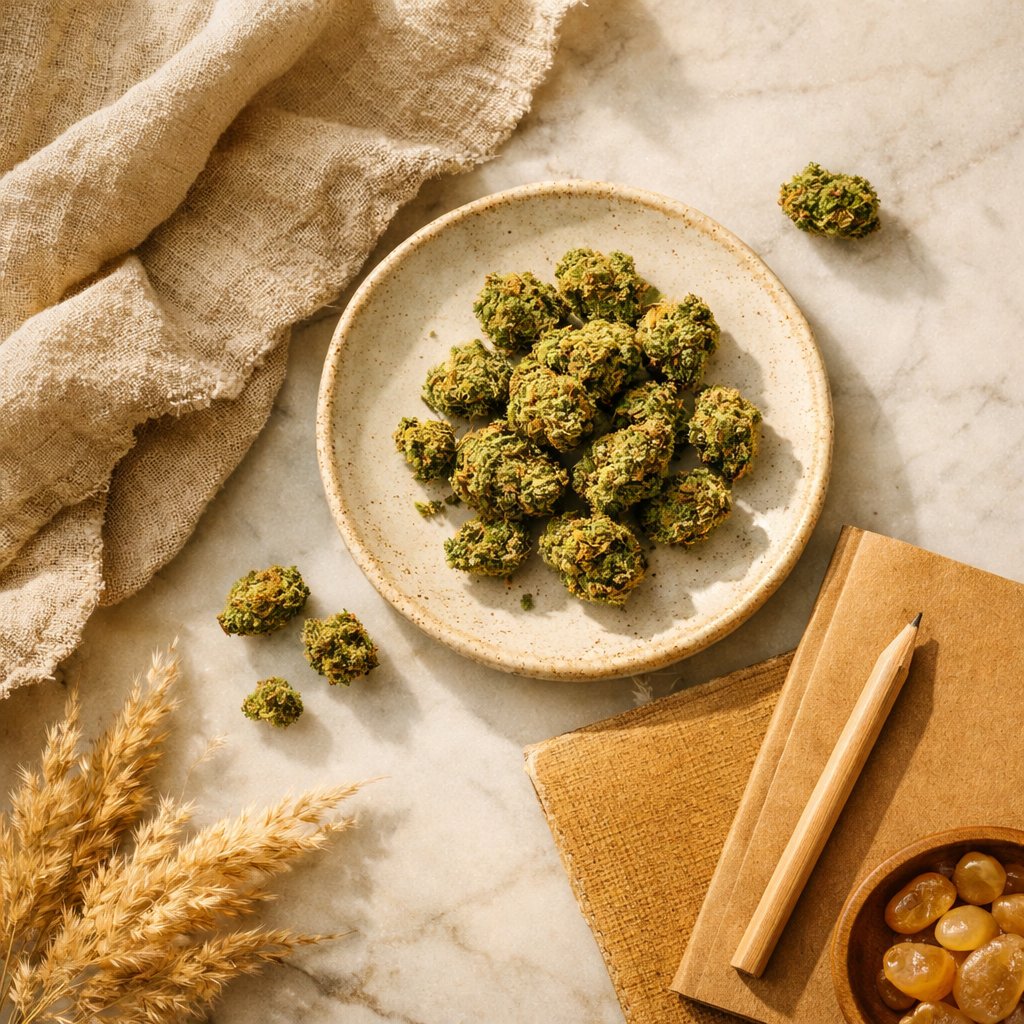 Disposition flat-lay des small buds DosiDos CBD avec accessoires lifestyle neutres