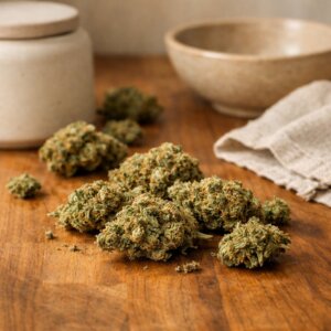 Composition naturelle de fleurs CBD séchées sur bois clair avec accessoires neutres