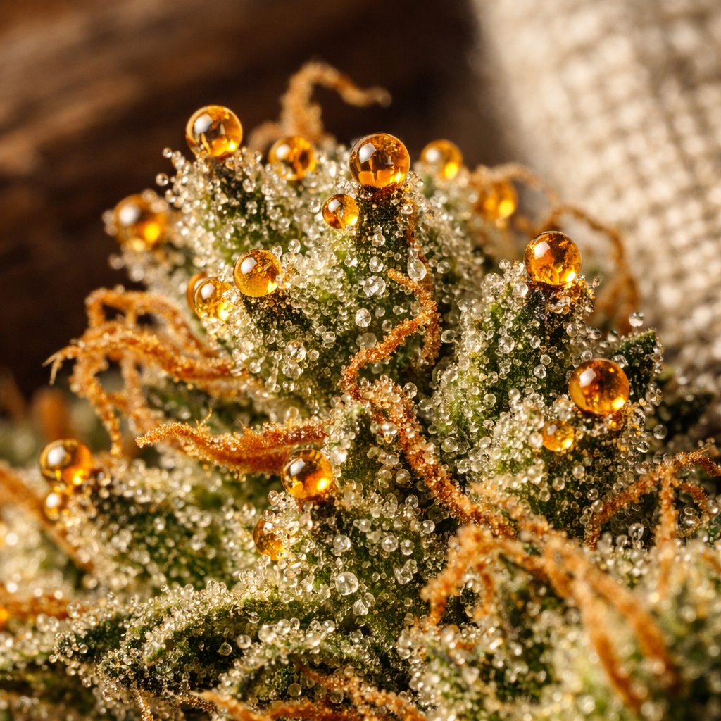 Détail macro des trichomes et résine sur fleur CBD séchée
