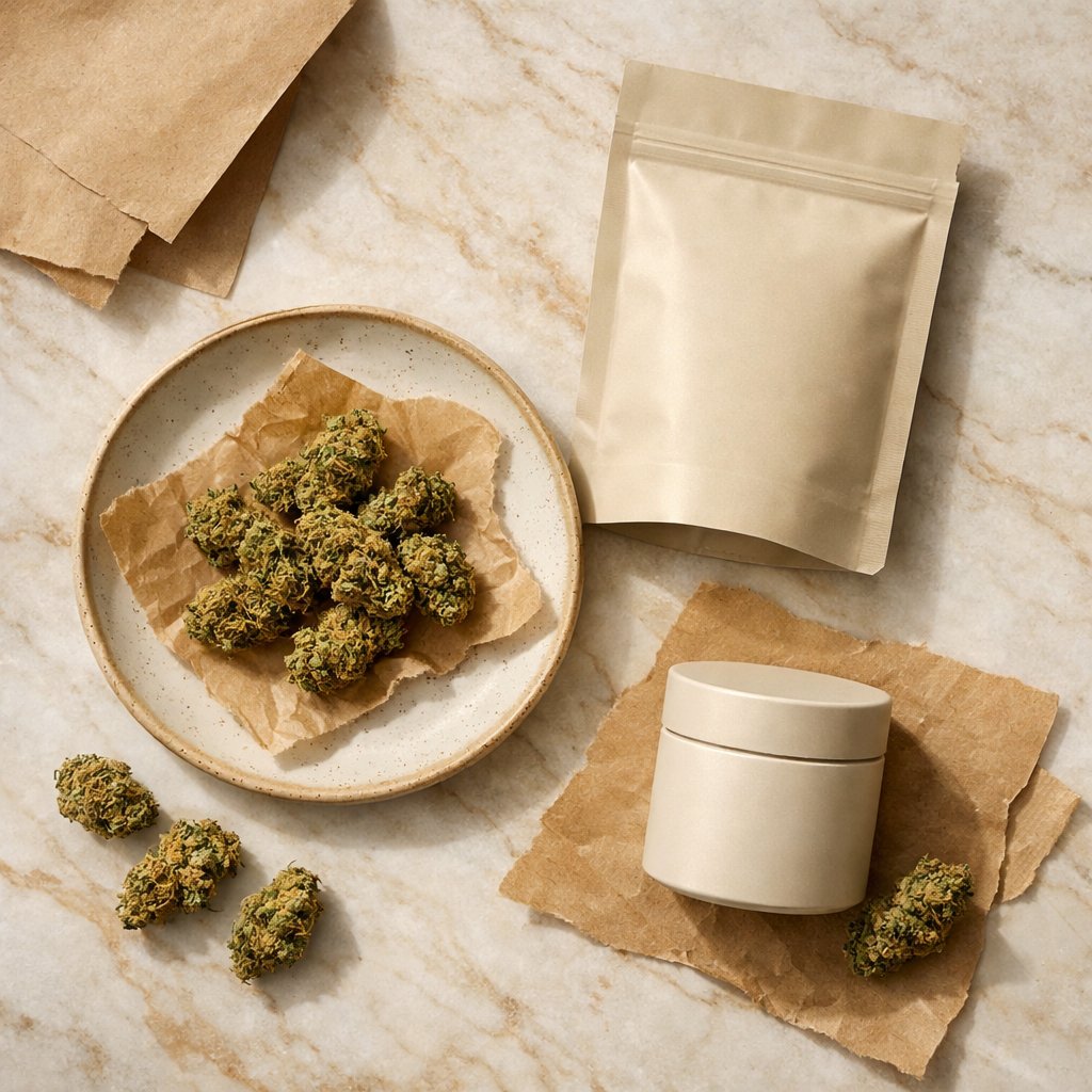 Présentation zénithale de fleurs CBD séchées avec packaging neutre