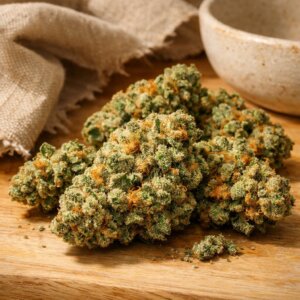 Gros plan sur des fleurs de Gorilla Glue CBD résineuses sur bois clair