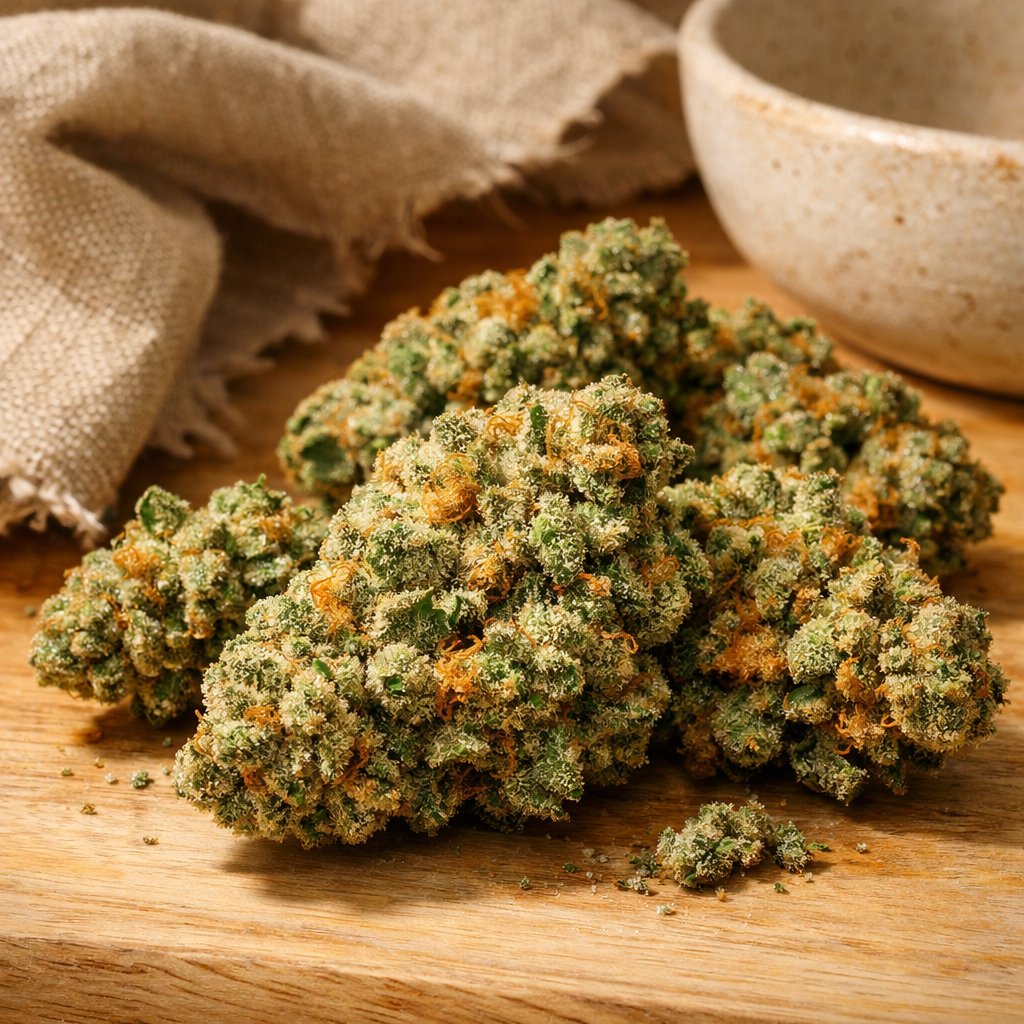 Gros plan sur des fleurs de Gorilla Glue CBD résineuses sur bois clair