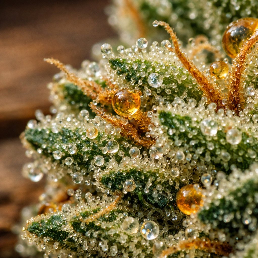 Macro des trichomes et de la résine sur fleur Gorilla Glue CBD