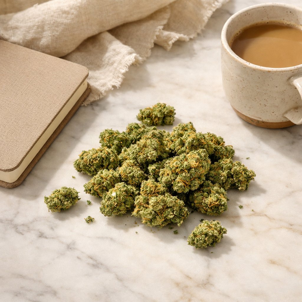 Vue zénithale de small buds Gorilla Glue CBD avec accessoires neutres