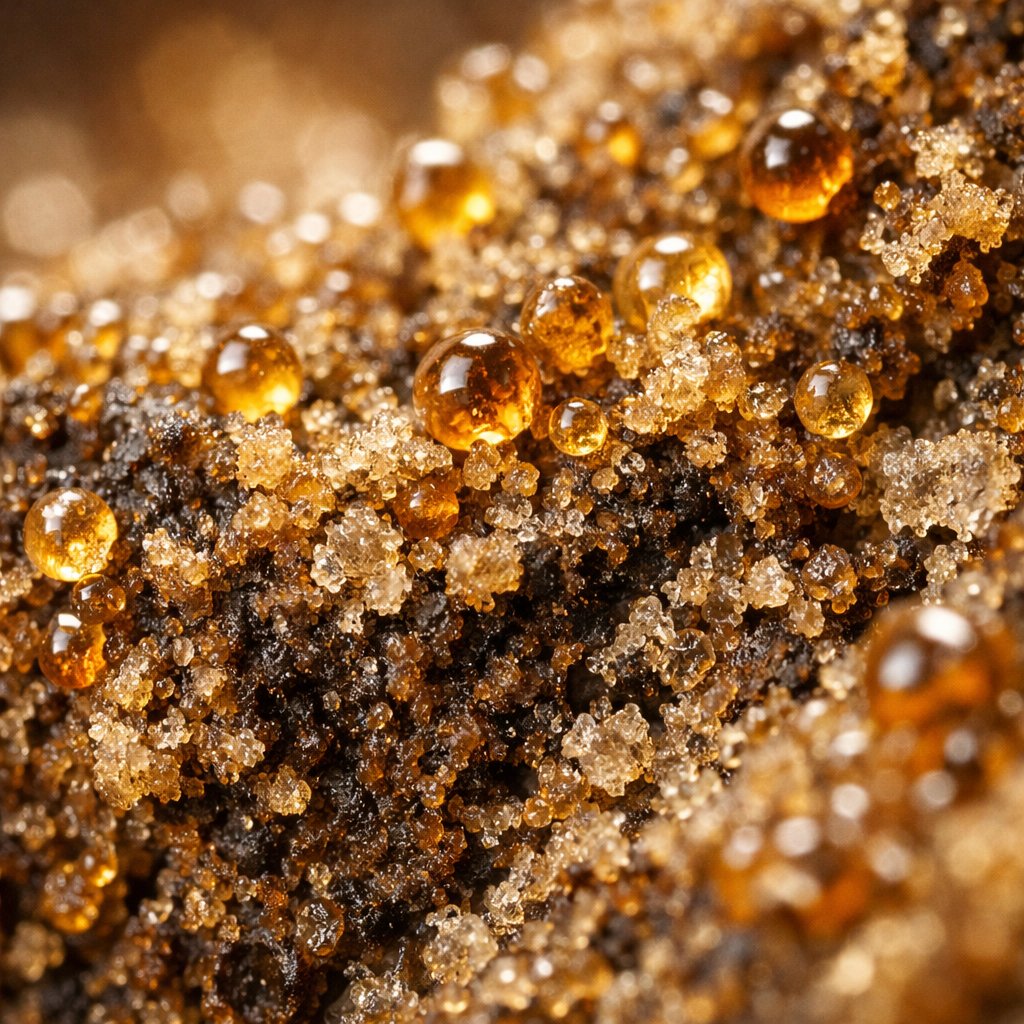 Gros plan macro sur trichomes et résine d’un hash CBD ambré.