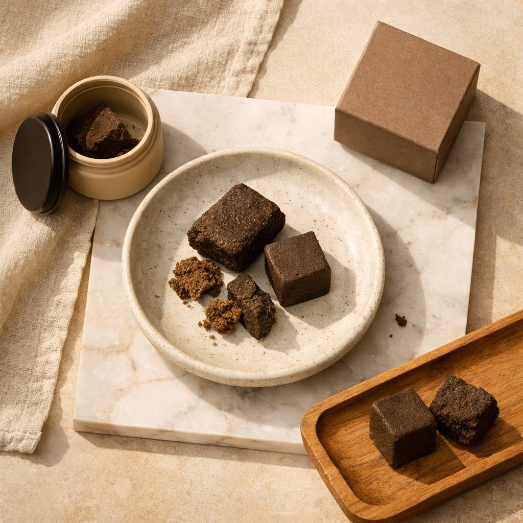 Flat-lay élégant d’un hash CBD avec accessoires lifestyle neutres.