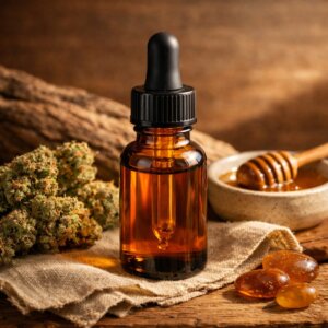 Flacon d'huile CBD premium entouré de fleurs séchées et accessoires naturels