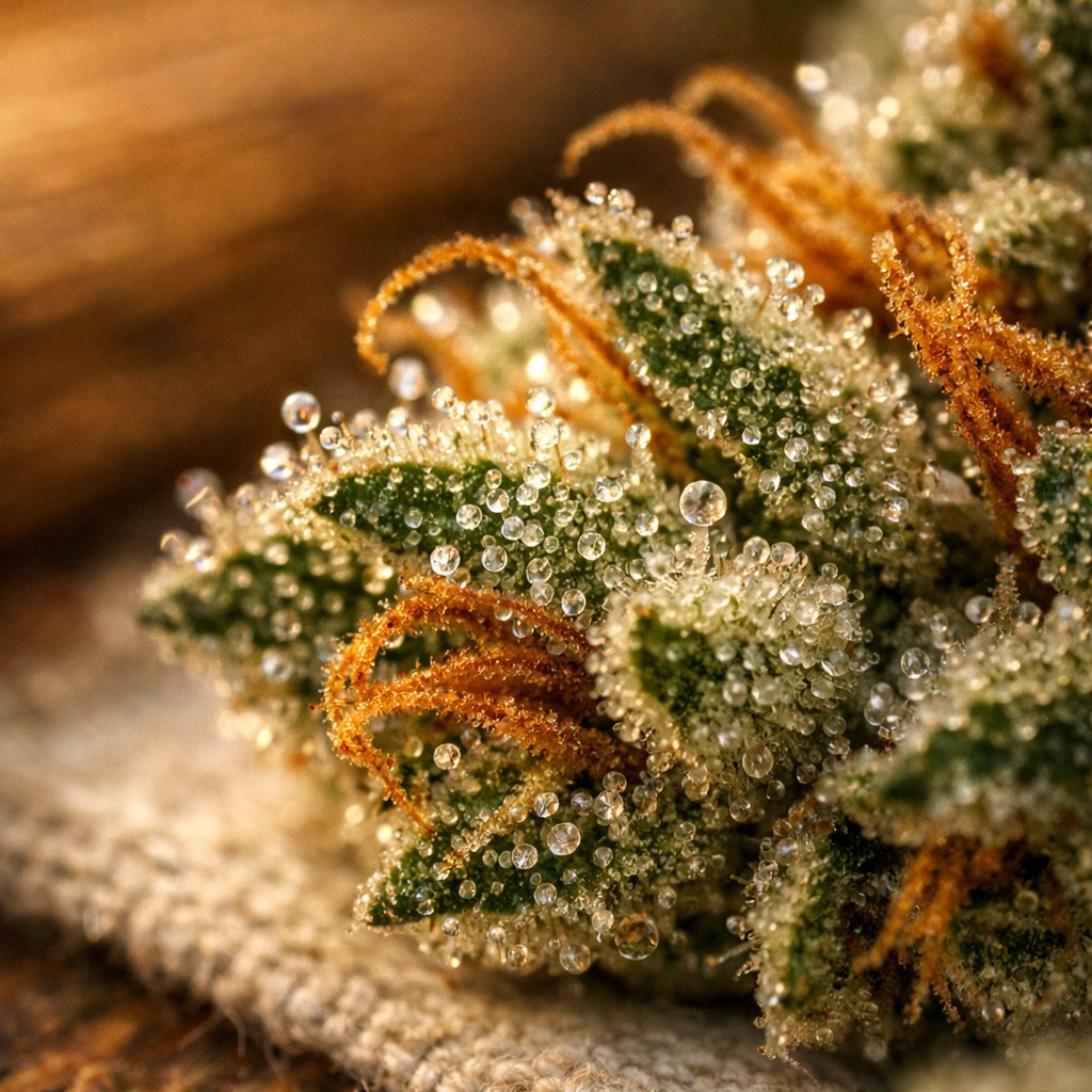 Détail macro des trichomes sur une fleur de cannabis séchée