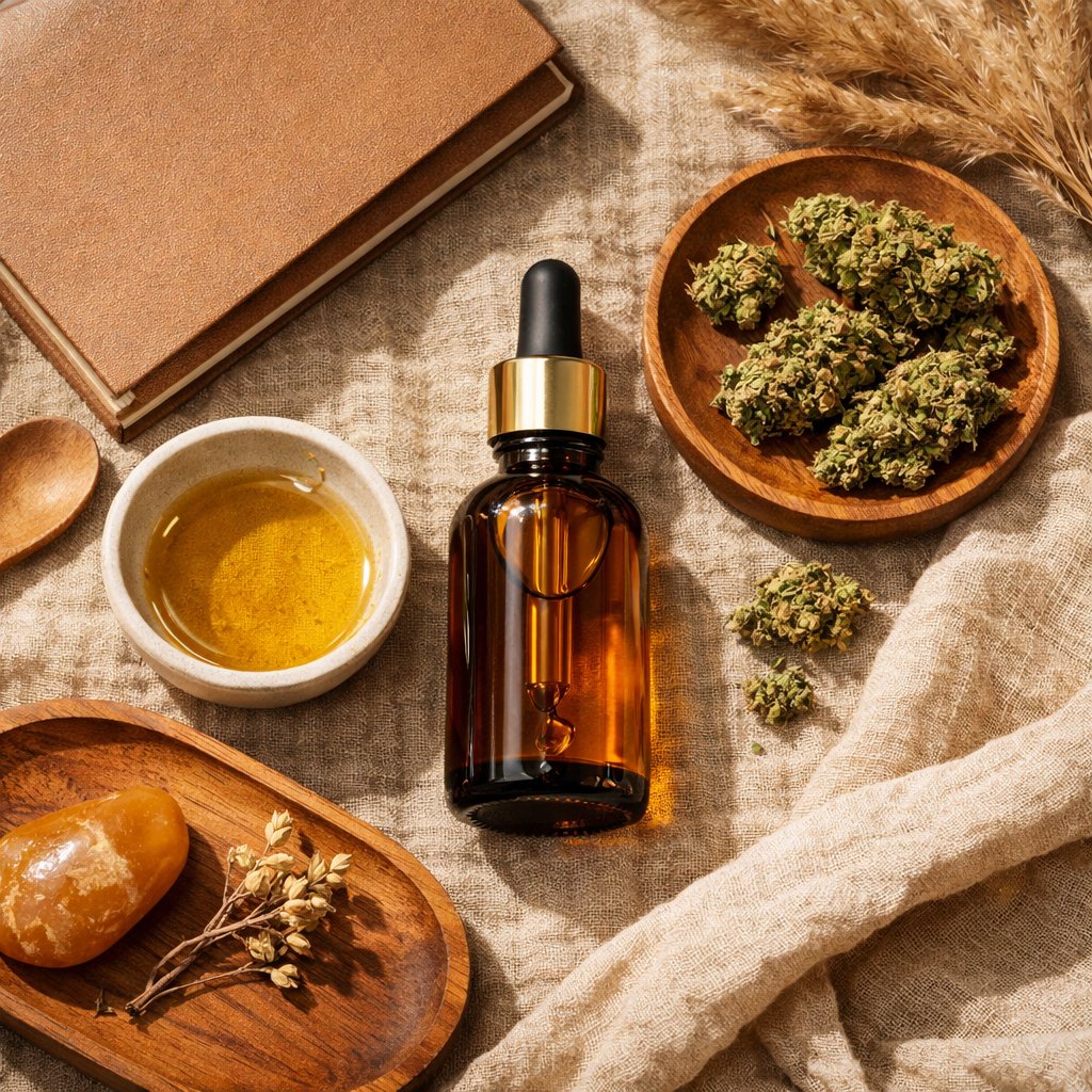 Bodegon zenithal d'une huile CBD avec fleurs séchées et accessoires naturels