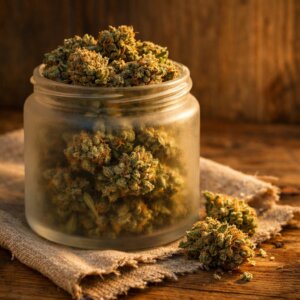 Fleurs CBD séchées dans un bocal en verre mat sur bois clair avec tissu lin neutre