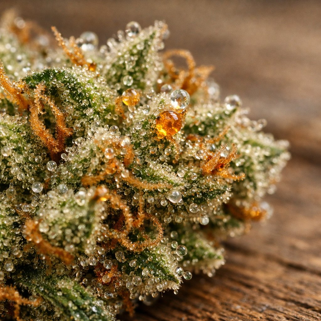 Gros plan macro sur les trichomes et résine d’une fleur CBD