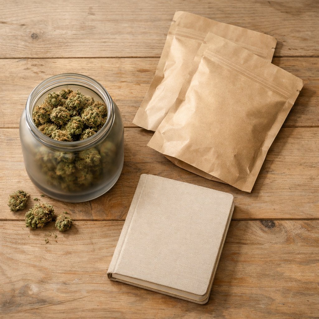 Composition flat-lay avec fleurs CBD en bocal et sachets kraft sur table en bois