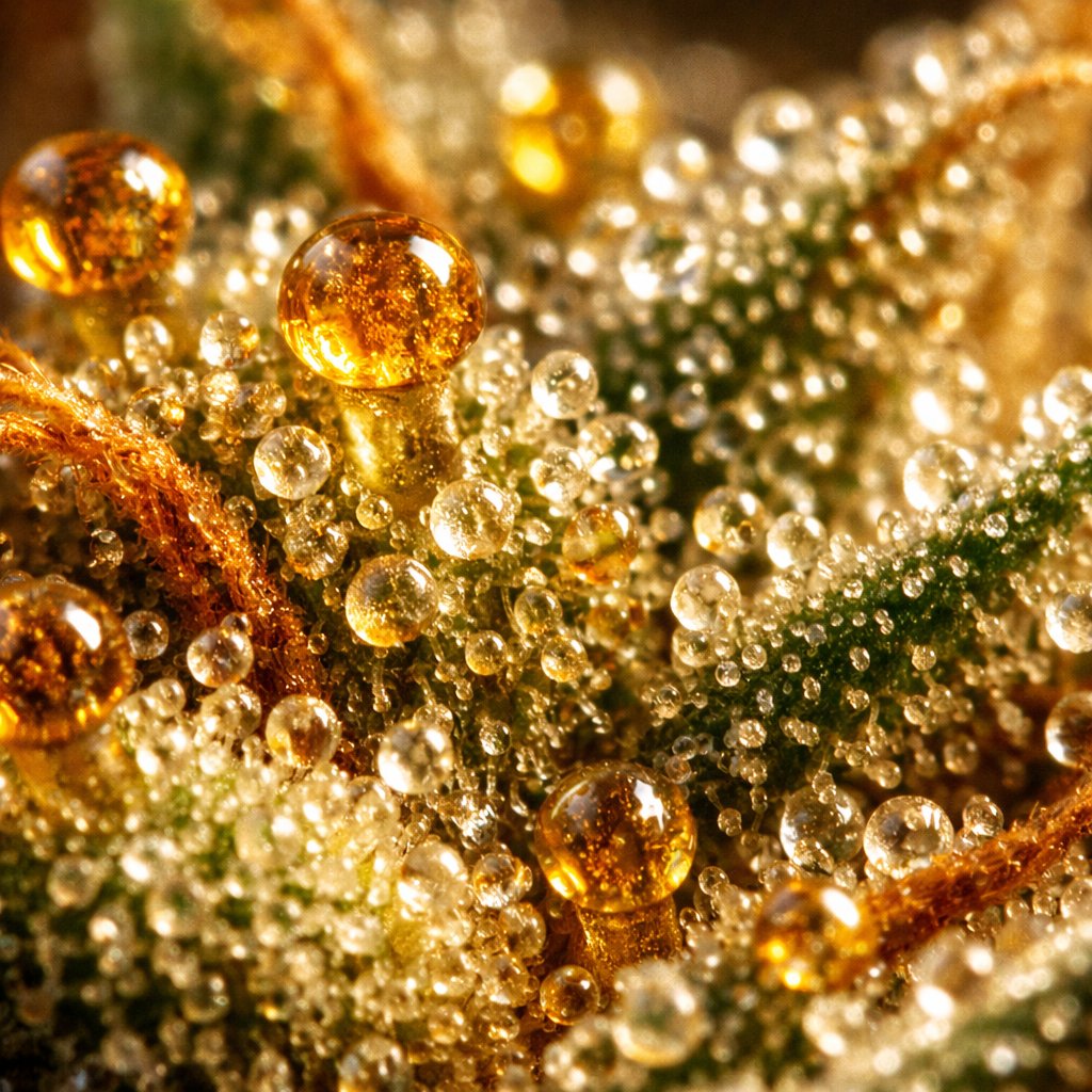 Macro détaillé des trichomes et cristaux de résine sur fleur CBD