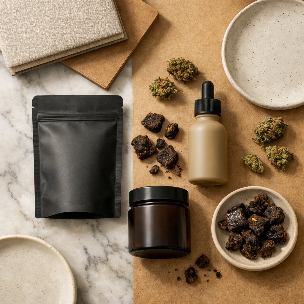 Flat-lay avec petits buds, résine CBD et packaging mat sur surface marbre et kraft