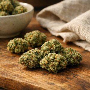 Mini buds CBD Mandala posés sur une surface en bois naturel avec une lumière douce