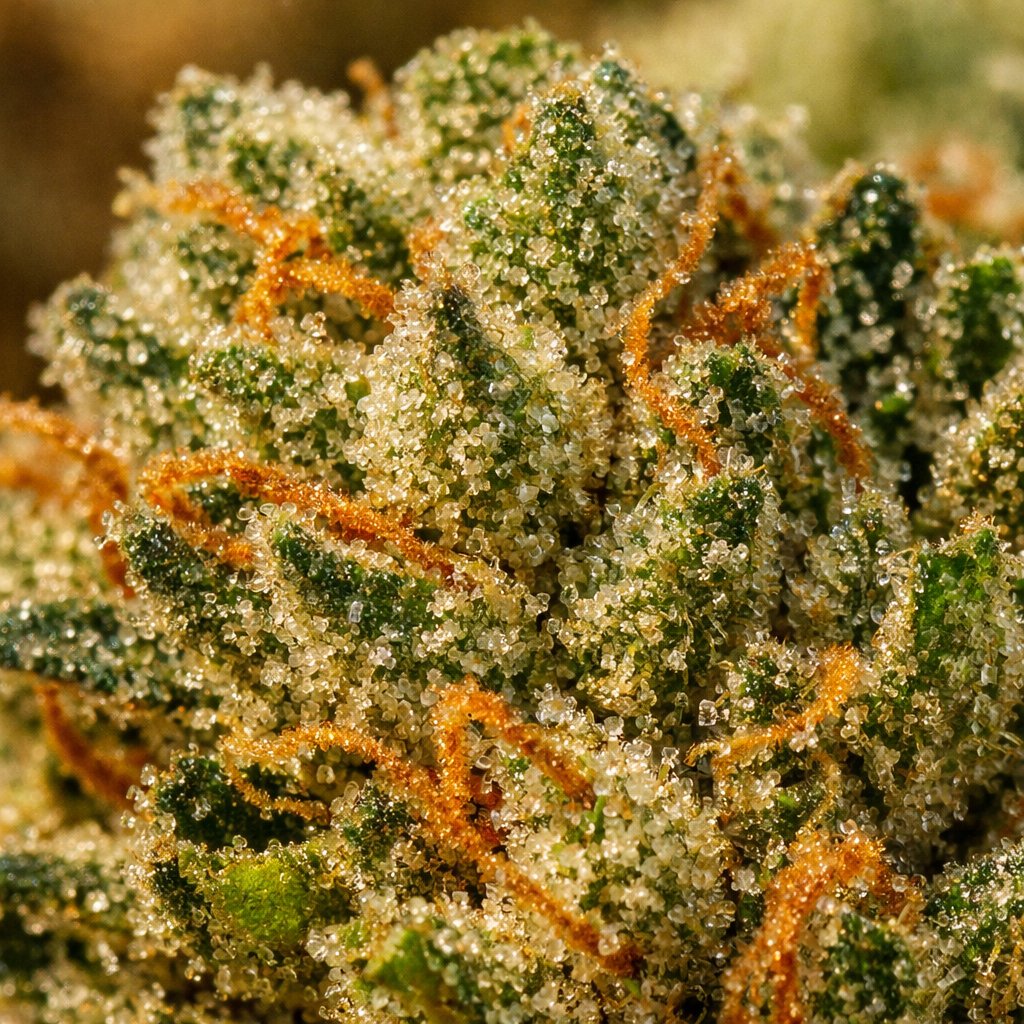 Macro détaillé des trichomes résineux sur mini buds CBD Mandala