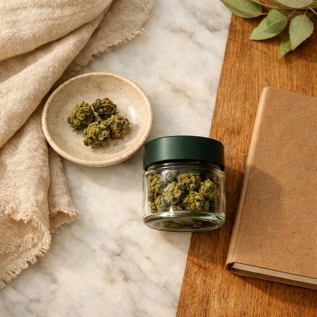 Flat-lay d'un pot de mini buds Mandala avec accessoires lifestyle neutres